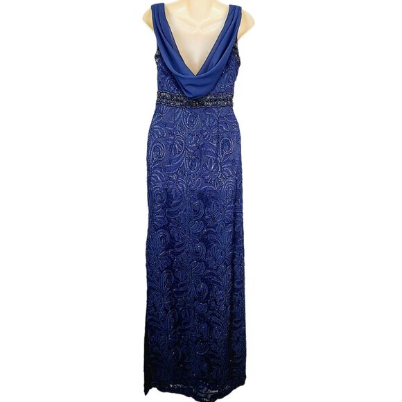 Sue Wong Evening Gown 4 Navy Blue  Beaded Embroidered Lace Boat Neck Open‎ Back - Picture 3 of 9